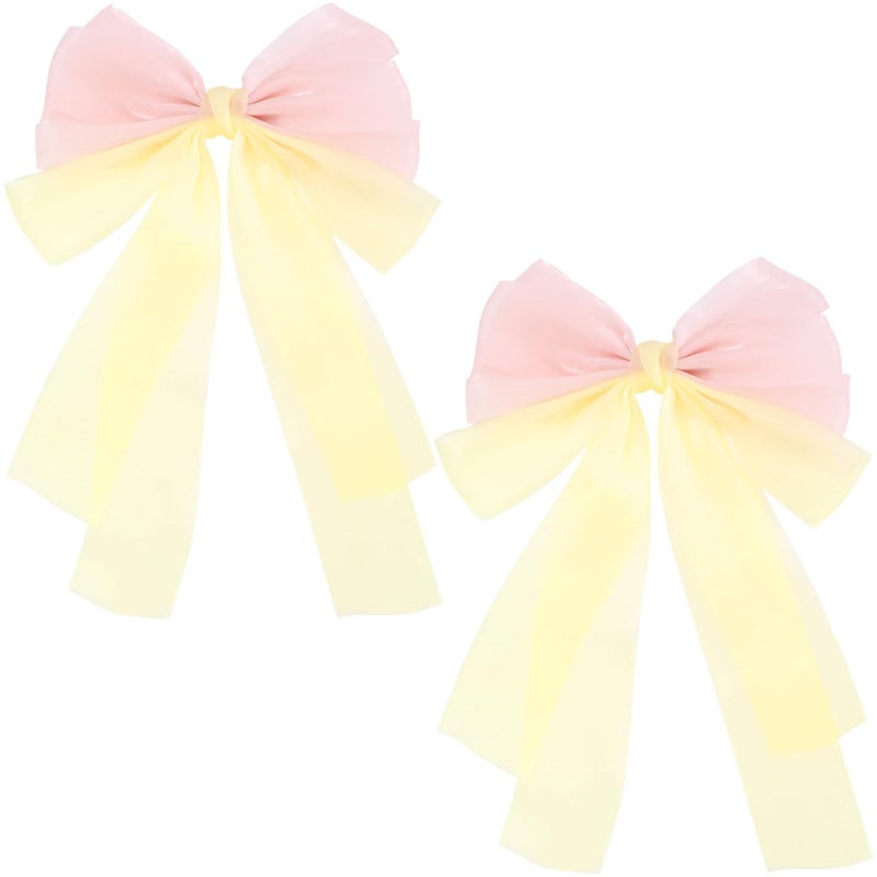STSTR 2Pcs Large Hair Bow Clips, Pink Yellow Silk Yarn Ribbon Bow Hair Barrette for Women, Elegant Long Tail Bowknot French Accessories for Wedding, Parties, Festivals - Style 2 - Image 1